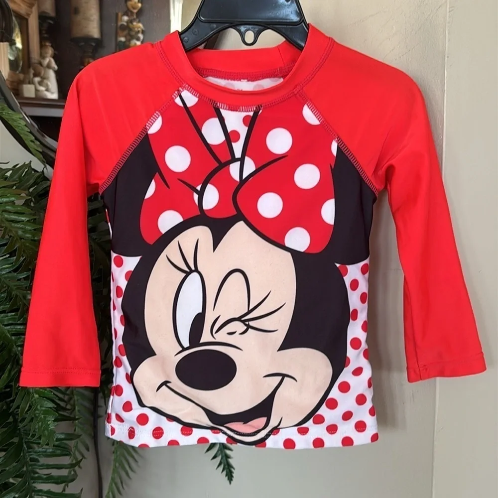 Disney Junior Minnie Mouse Swim Shirt Long Sleeved Polka Dot Red White Rashguard
